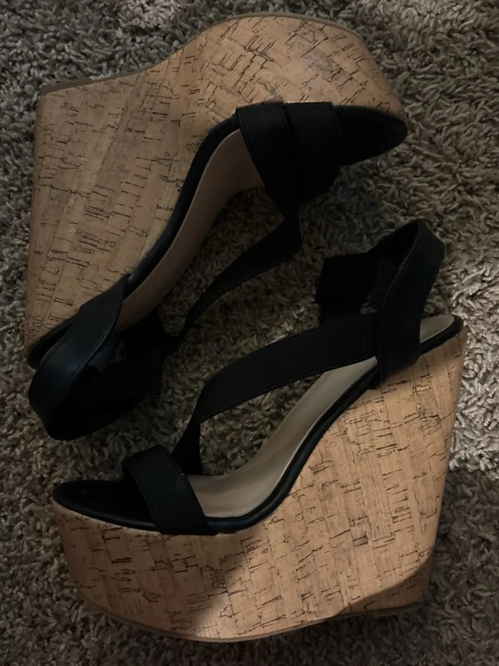 Women's Black Cork Wedge Sandals with Elastic Straps